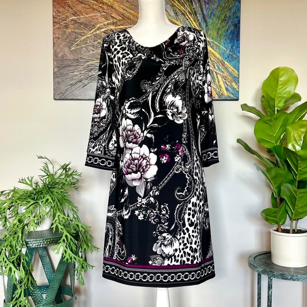 White House Black Market black & purple floral & animal print dress—Large!